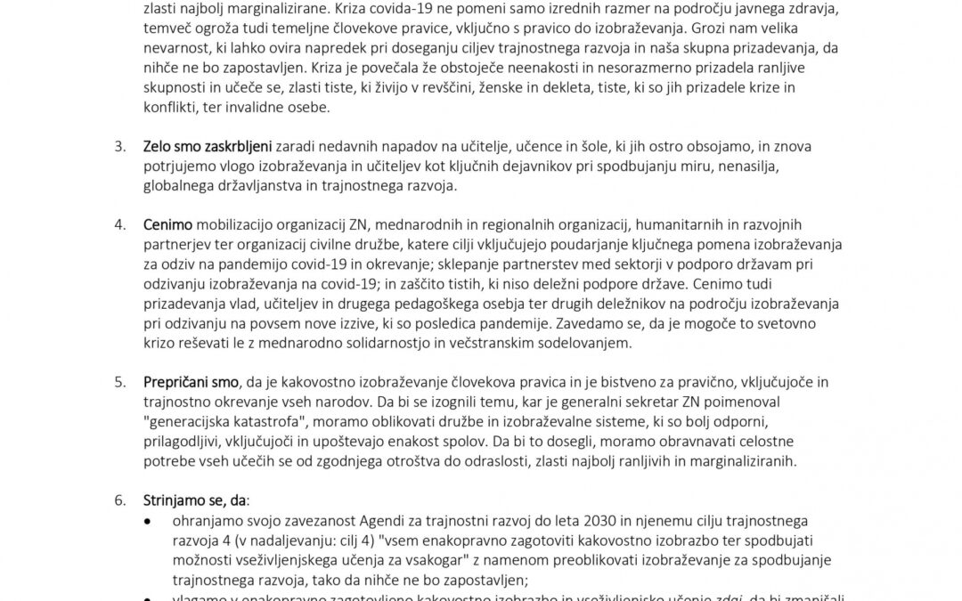 Deklaracija Svetovnega srečanja o izobraževanju 2020
