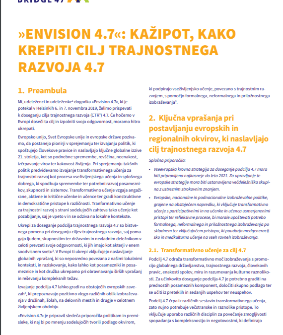 “Envision 4.7”: Kažipot, kako krepiti cilj trajnostnega razvoja 4.7