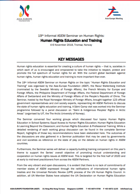 9thInformal ASEM Seminar on Human Rights:Human Rights Education and Training: key messages